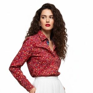Haight & Ashbury Red Floral Cotton Button Down Blouse Size L